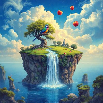 The primary subject of the image is a bird perched on a tree branch. The setting is a lush green island with a waterfall, and the visual style is a digital art illustration. The colors are vibrant and lively, creating a sense of wonder and adventure.
